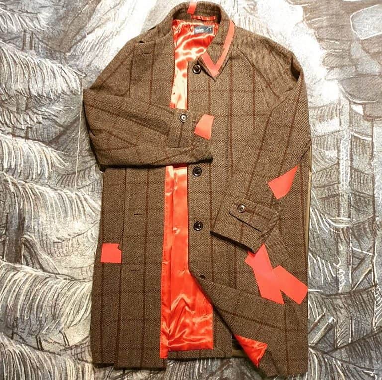 Women's brown checked coat with orange details by Kolor Made in Japan.